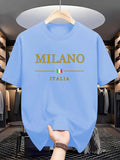 Camiseta masculina, esportiva de verão, 100% algodão, gola redonda , manga curta, moderna, casual, solta, plus size, estampa Milano Italia -  Seu verão, seu estilo, seu conforto.