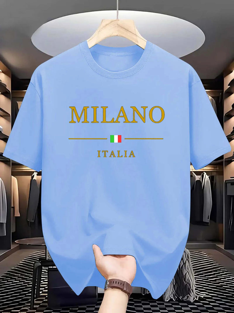 Camiseta masculina, esportiva de verão, 100% algodão, gola redonda , manga curta, moderna, casual, solta, plus size, estampa Milano Italia -  Seu verão, seu estilo, seu conforto.
