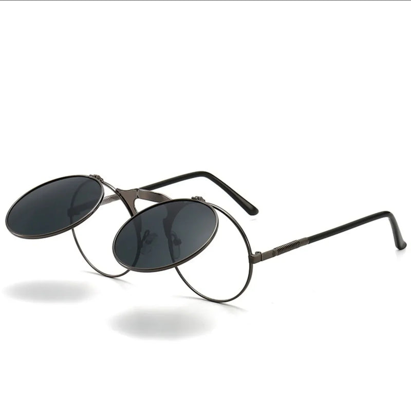 Óculos de sol steampunk dobrável masculino  e feminino com lentes duplas  e armação de liga de metal- Visão nítida e estilo em qualquer situação!