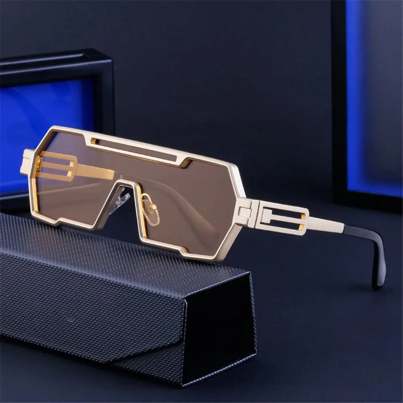 Óculos de sol grande estiloso uso masculino armação retangular de metal proteção UV 400 - Estilo, proteção e conforto para seus olhos!