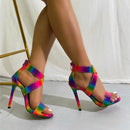 Sandália de luxo salto alto design moderno para mulheres, cor arco-íris, com  zíper traseiro  - Sandálias que vão te fazer brilhar!