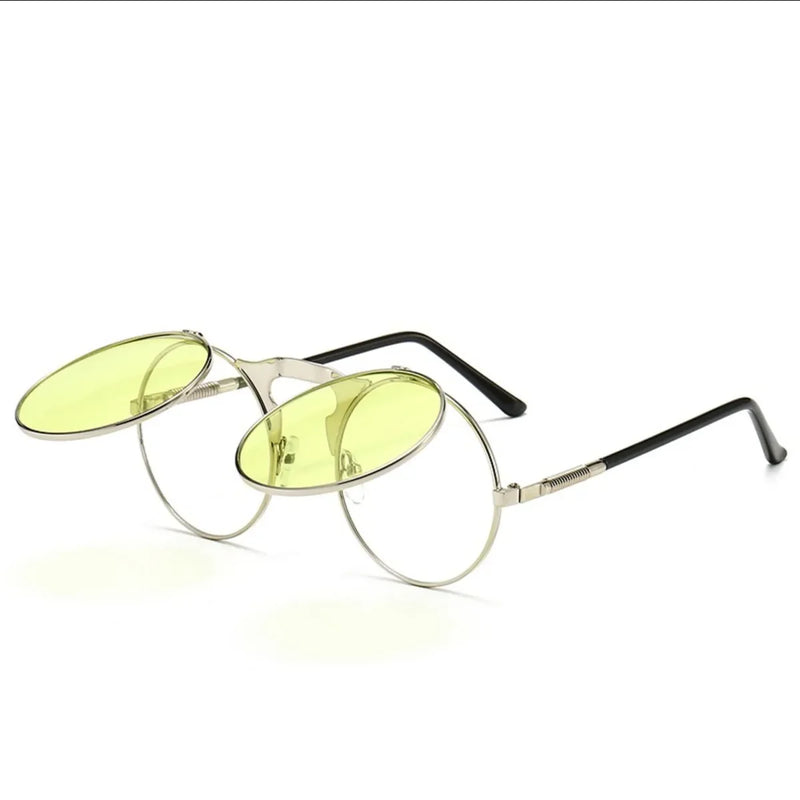 Óculos de sol steampunk dobrável masculino  e feminino com lentes duplas  e armação de liga de metal- Visão nítida e estilo em qualquer situação!