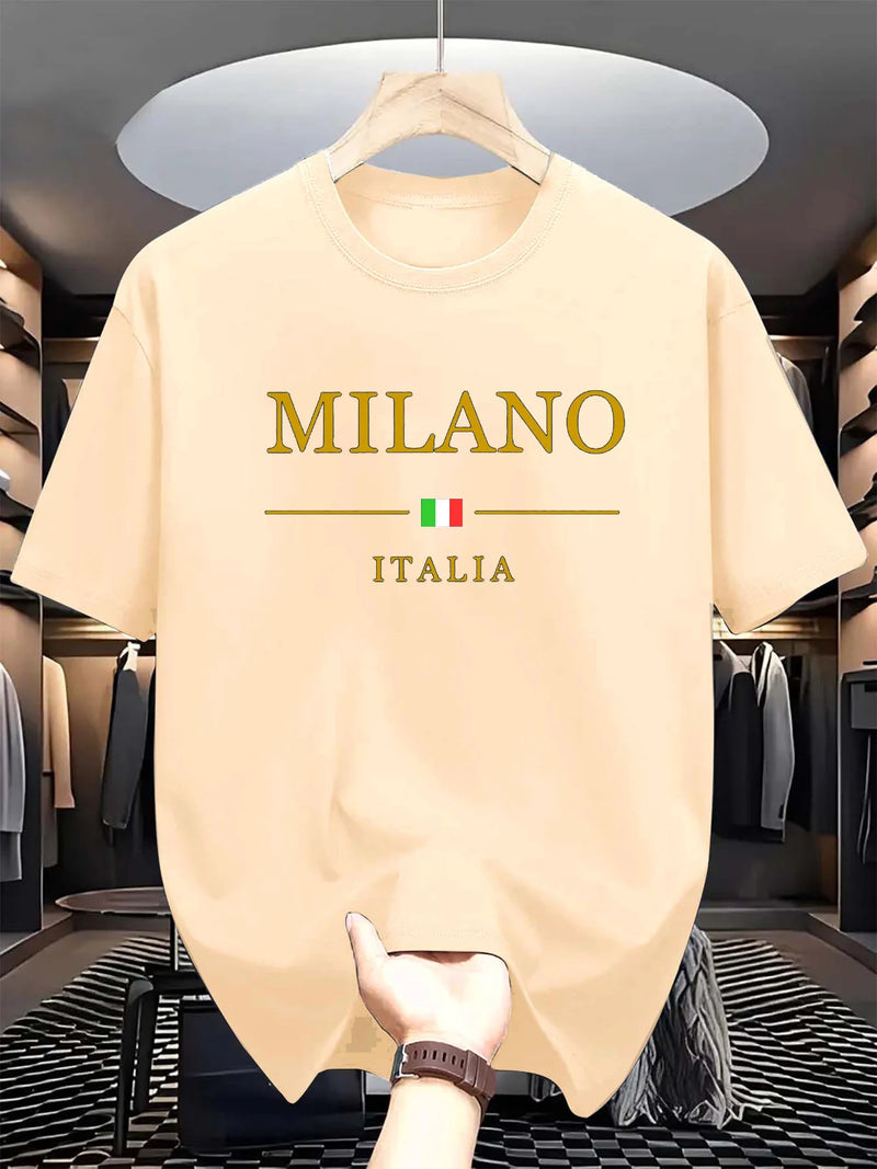Camiseta masculina, esportiva de verão, 100% algodão, gola redonda , manga curta, moderna, casual, solta, plus size, estampa Milano Italia -  Seu verão, seu estilo, seu conforto.