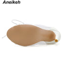 Bota feminina cano médio com malha transparente e respirável - Salto alto, cadarço frontal e biqueira aberta - Eleve seu estilo a um novo patamar!