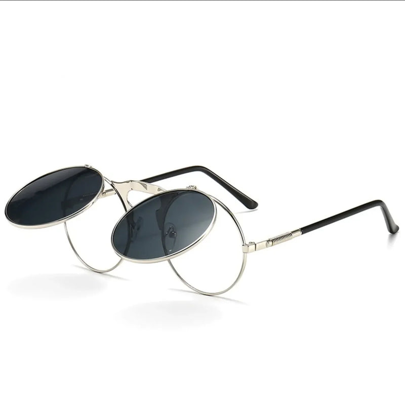 Óculos de sol steampunk dobrável masculino  e feminino com lentes duplas  e armação de liga de metal- Visão nítida e estilo em qualquer situação!