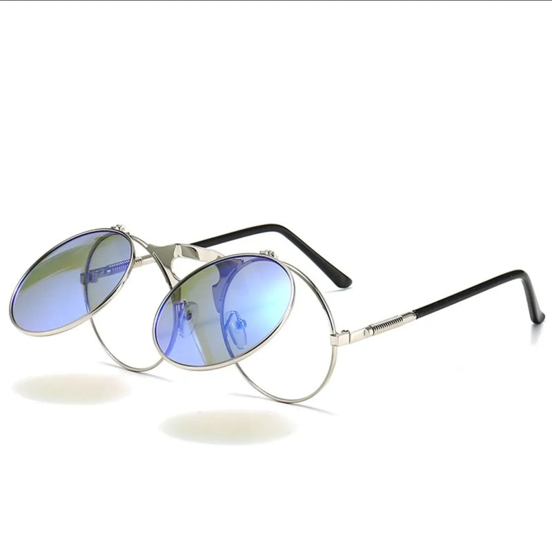 Óculos de sol steampunk dobrável masculino  e feminino com lentes duplas  e armação de liga de metal- Visão nítida e estilo em qualquer situação!