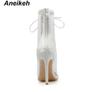 Bota feminina cano médio com malha transparente e respirável - Salto alto, cadarço frontal e biqueira aberta - Eleve seu estilo a um novo patamar!