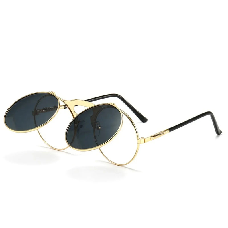 Óculos de sol steampunk dobrável masculino  e feminino com lentes duplas  e armação de liga de metal- Visão nítida e estilo em qualquer situação!