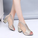 Sandália de verão feminina aberta com fivela, corpo brilhante, salto alto grosso - Seus pés merecem brilhar!