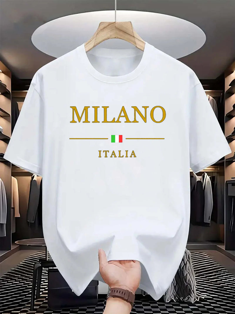 Camiseta masculina, esportiva de verão, 100% algodão, gola redonda , manga curta, moderna, casual, solta, plus size, estampa Milano Italia -  Seu verão, seu estilo, seu conforto.