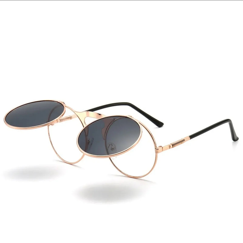Óculos de sol steampunk dobrável masculino  e feminino com lentes duplas  e armação de liga de metal- Visão nítida e estilo em qualquer situação!