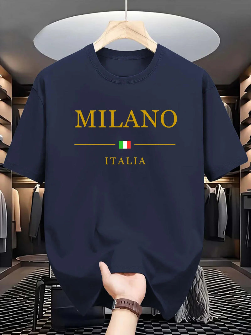 Camiseta masculina, esportiva de verão, 100% algodão, gola redonda , manga curta, moderna, casual, solta, plus size, estampa Milano Italia -  Seu verão, seu estilo, seu conforto.