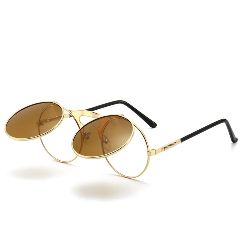 Óculos de sol steampunk dobrável masculino  e feminino com lentes duplas  e armação de liga de metal- Visão nítida e estilo em qualquer situação!