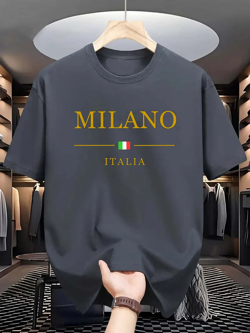 Camiseta masculina, esportiva de verão, 100% algodão, gola redonda , manga curta, moderna, casual, solta, plus size, estampa Milano Italia -  Seu verão, seu estilo, seu conforto.