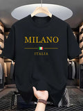 Camiseta masculina, esportiva de verão, 100% algodão, gola redonda , manga curta, moderna, casual, solta, plus size, estampa Milano Italia -  Seu verão, seu estilo, seu conforto.