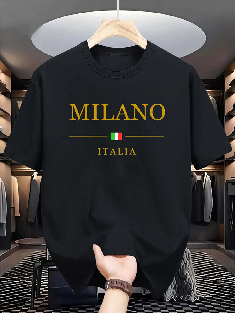 Camiseta masculina, esportiva de verão, 100% algodão, gola redonda , manga curta, moderna, casual, solta, plus size, estampa Milano Italia -  Seu verão, seu estilo, seu conforto.