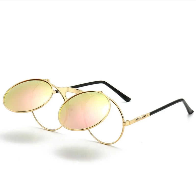 Óculos de sol steampunk dobrável masculino  e feminino com lentes duplas  e armação de liga de metal- Visão nítida e estilo em qualquer situação!