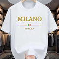 Camiseta masculina, esportiva de verão, 100% algodão, gola redonda , manga curta, moderna, casual, solta, plus size, estampa Milano Italia -  Seu verão, seu estilo, seu conforto.