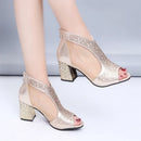 Sandália de verão feminina aberta com fivela, corpo brilhante, salto alto grosso - Seus pés merecem brilhar!